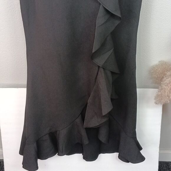 Star Aneer Elegant Black Sleeveless V Neck Ruffle Trim Maxi Gown Sz M - Picture 7 of 15